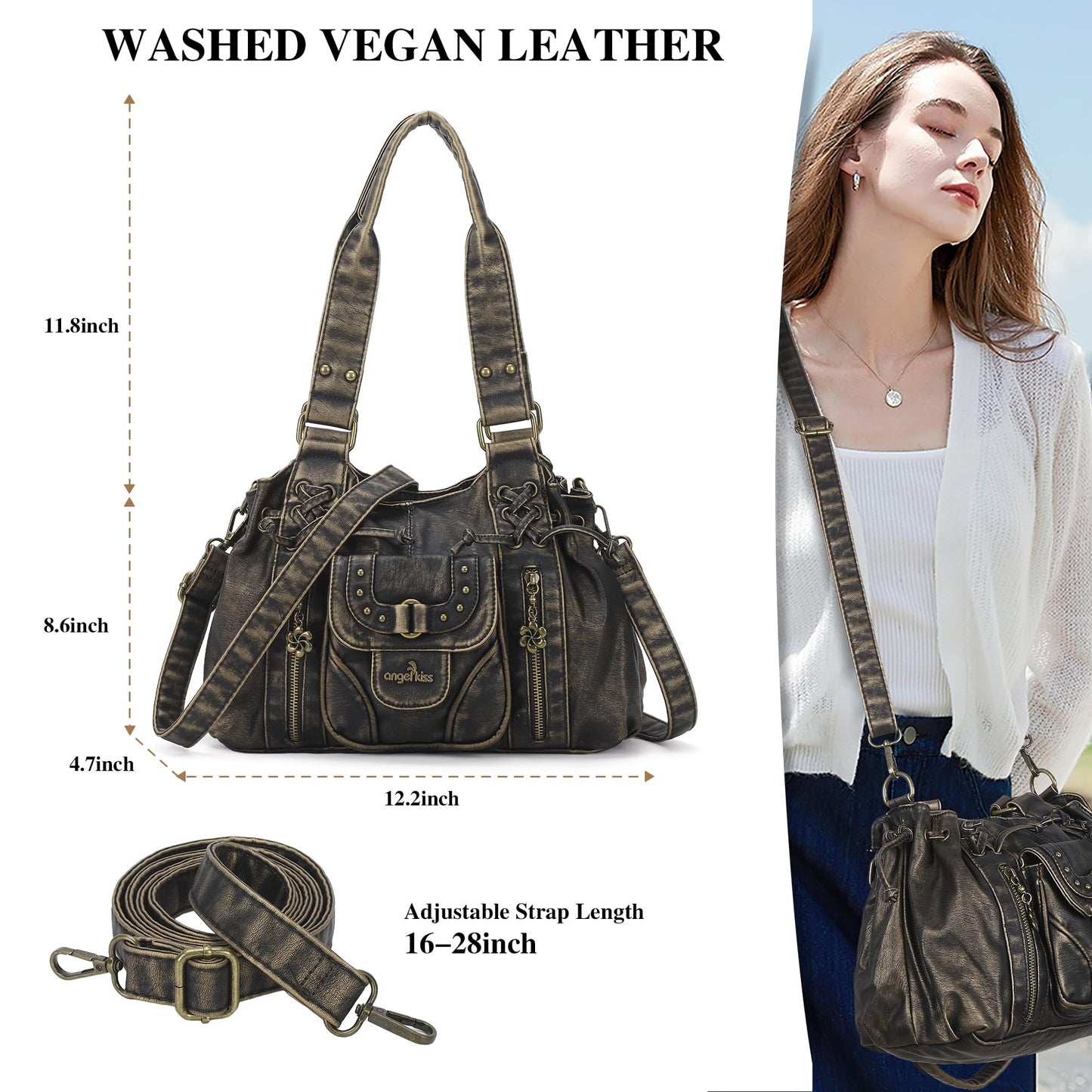Angel Kiss Small hobo Bags for Women Retro Washed Leather Shoulder Handbag Roomy Top Handles Purses With Removable Strap