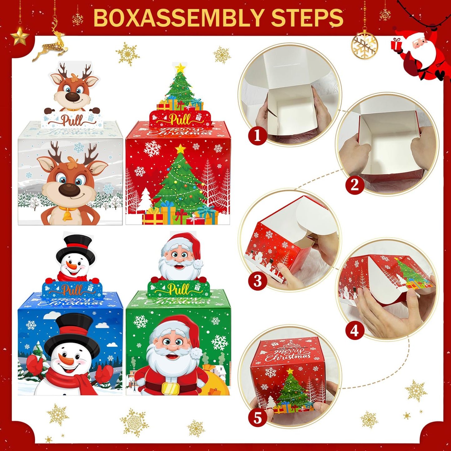 4 Pack Christmas Money Box for Cash Gift Pull,Christmas Tree & Snowman & Santa & Elk Money Gift Boxes for Cash with Pull Out Card DIY Set Surprise Merry Box (Classic Christmas)