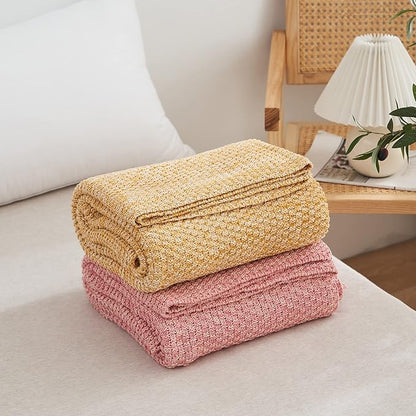 Longhui bedding Dusty Pink Knitted Throw Blanket for Couch, Soft, Cozy Machine Washable 100% Cotton Sofa Knit Blankets, Heavy 2.8lb Weight, 51 x 63 Inches, Pink and White Color, Laundry Bag Included