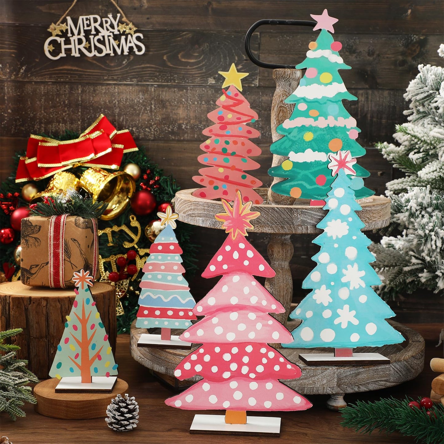 JarThenaAMCS 6 Pcs Christmas Wooden Signs 6 Sizes Christmas Tree Wood Tabletop Signs with Base Desktop Centerpieces for Xmas Home Tiered Tray Table Fireplace Windowsill Party Decor