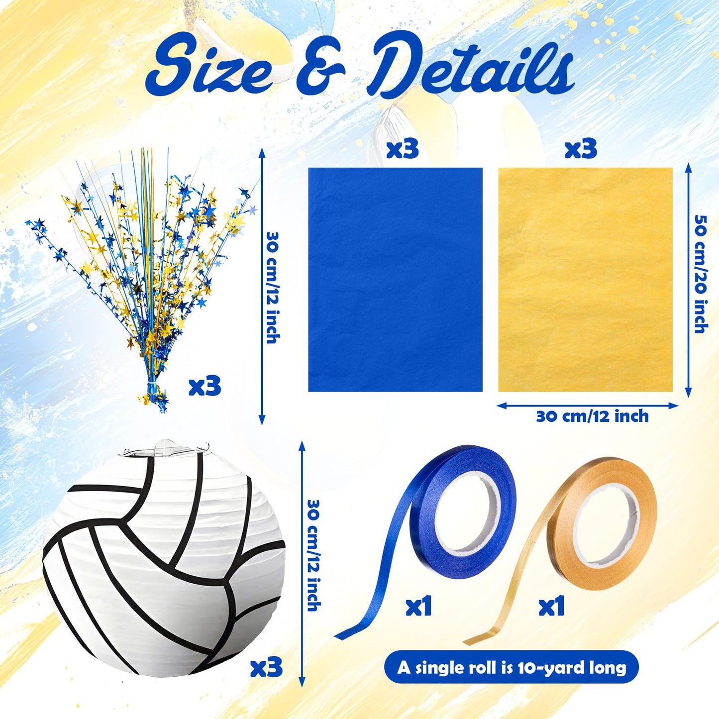 Glooglitter Volleyball Paper Lantern Centerpiece Set Volleyball Table Decor with Metallic Foil Star Spray Branches Wrapping Paper and Ribbon for Sport Birthday Party Supplies(Blue and Gold,14 Pcs)
