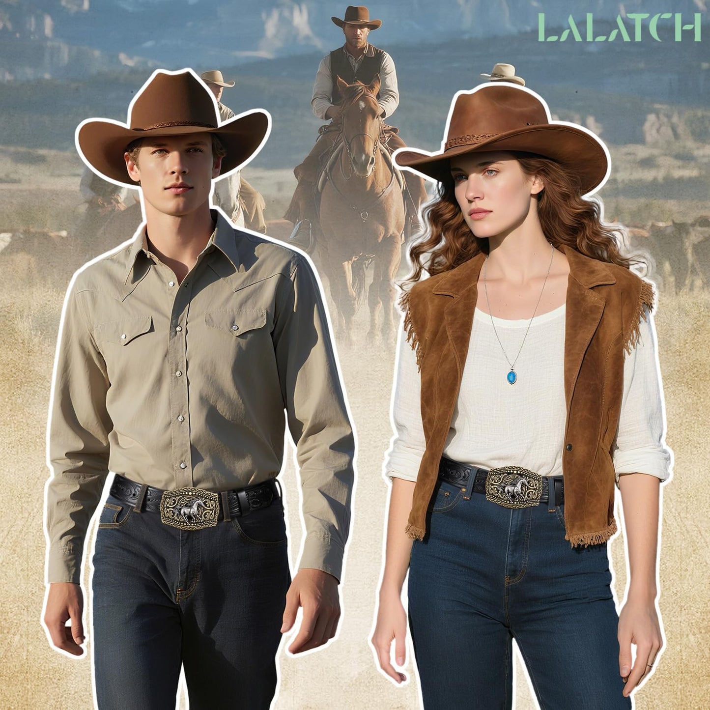 LALATCH Western Cowboy Belts Western Belts for Women Men Cowgirl Cowboy Belt Buckles Leather Cowboy Belt for Men Rodeo Outfit, Gold Horse/Black Belt