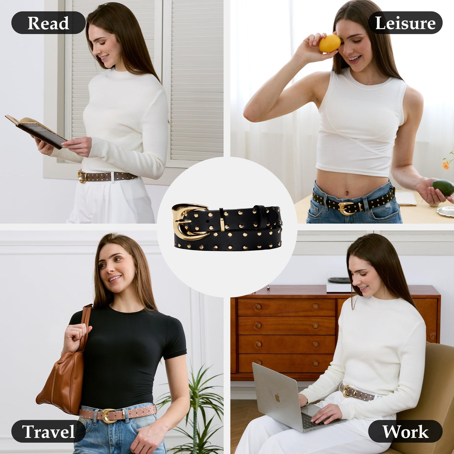 Asaloy Women's Studded Genuine Leather Belts,Adjustable Womens Waist Belts for Jeans Dresses and Pants Punk Belt (Black gold+White gold belt(2P), Waist circumference 27-36 inches)