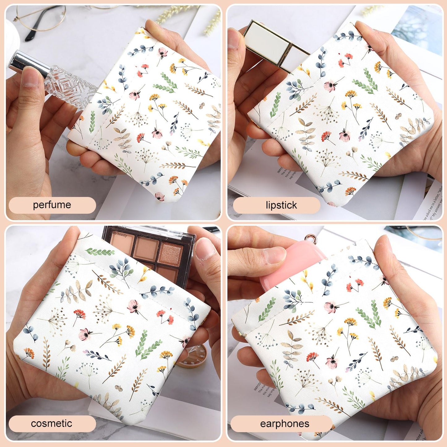 2Pcs PU Leather Small Squeeze Coin Purse Pouch Mini coin Bag Unique And Cute Wallet Cosmetic Bags Change Bag For Women Girls Men White And Purple Floral