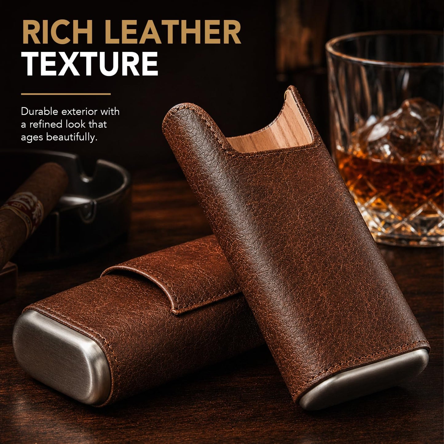 SmokyJoy Luxury Leather Cigar Travel Case Gift Set, Cedar Wood Lined Portable Humidor with V-Cut, Guillotine & Punch Cutter Tools, Premium Cigar Holder Accessory Gift Box for Cigar Enthusiasts, Brown