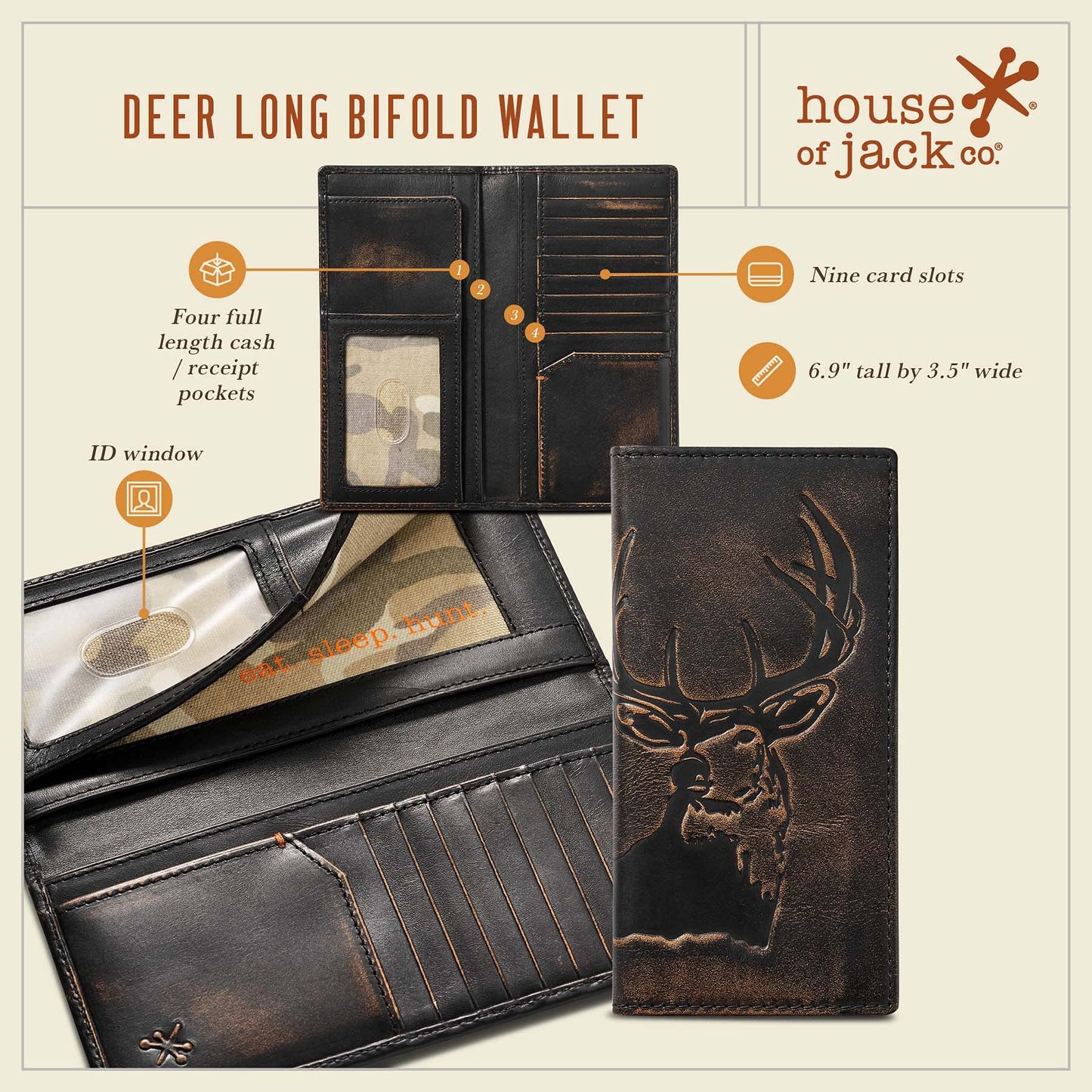 House of Jack Co. Deer Long Bifold Wallet for Men and Outdoorsmen, Rodeo Wallet, Full Grain Cowhide Leather Wallet, Black