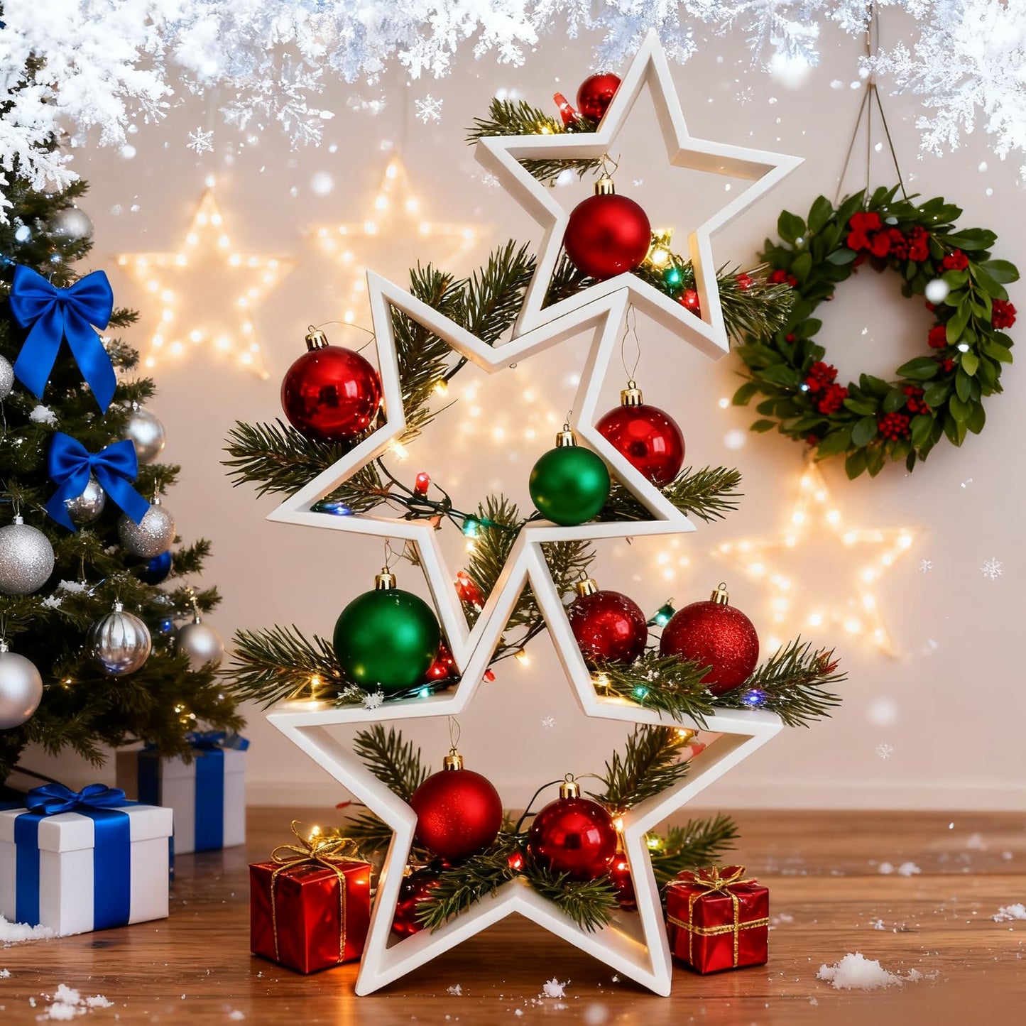 3 Pcs Wooden Stars for Crafts, Rustic Wood Stars, Wooden Tabletop Centerpiece Sign for Crafts, Wood Star Decor, Christmas Star Shelf Display Decorative DIY Christmas for Home Farmhouse Decors (White)