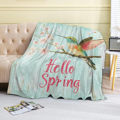 Bird Hello Spring Fleece Blanket - 50x60in Colorful Hummingbird and Cherry Blossom Throw Blankets,Soft Cozy Lightweight, Ideal for Bed Living Room Home Rustic Decor and Girls Women Gifts