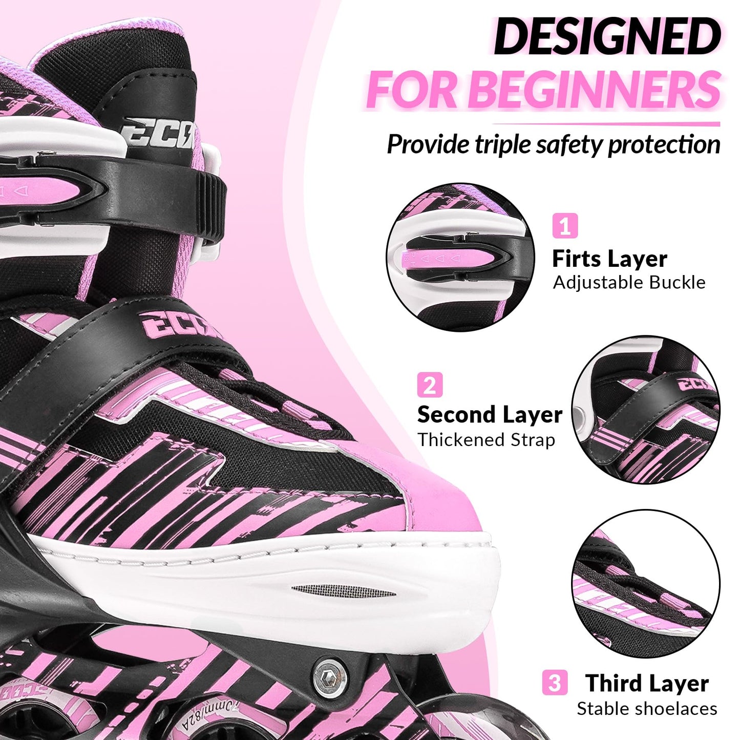 ECOO Adjustable Inline Skates Boys and Girls with Light up Wheels，Roller Skates for Kids Ages 4-12, Teen Skates for Beginner Outdoor and Indoor (Pink, Large-Youth（3-6 US）)