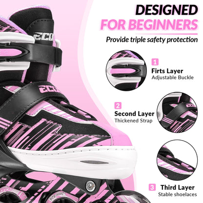 ECOO Adjustable Inline Skates Boys and Girls with Light up Wheels，Roller Skates for Kids Ages 4-12, Teen Skates for Beginner Outdoor and Indoor (Pink, Large-Youth（3-6 US）)