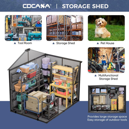 CDCASA 8x6x7 FT Resin Shed with Floor Included, Steel‑Reinforced Large Waterproof Outdoor Storage Sheds with Base & Lockable Door & Window & Vents, Outside Plastic Tool for Outside Patio Backyard