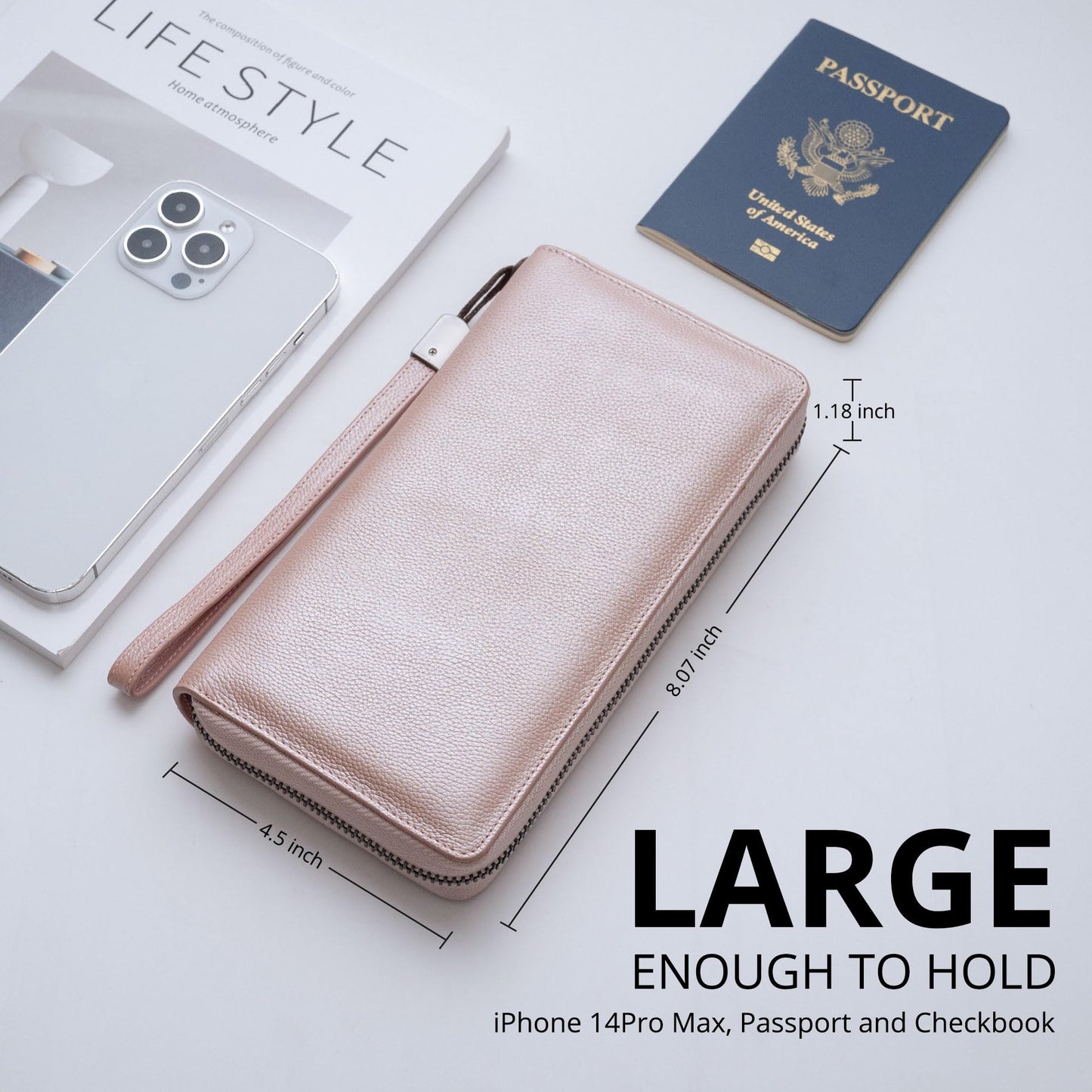Bveyzi Women RFID Blocking Wallet Leather Zip Around Phone Clutch Large Capacity Ladies Travel Purse Wristlet (Rose Gold)