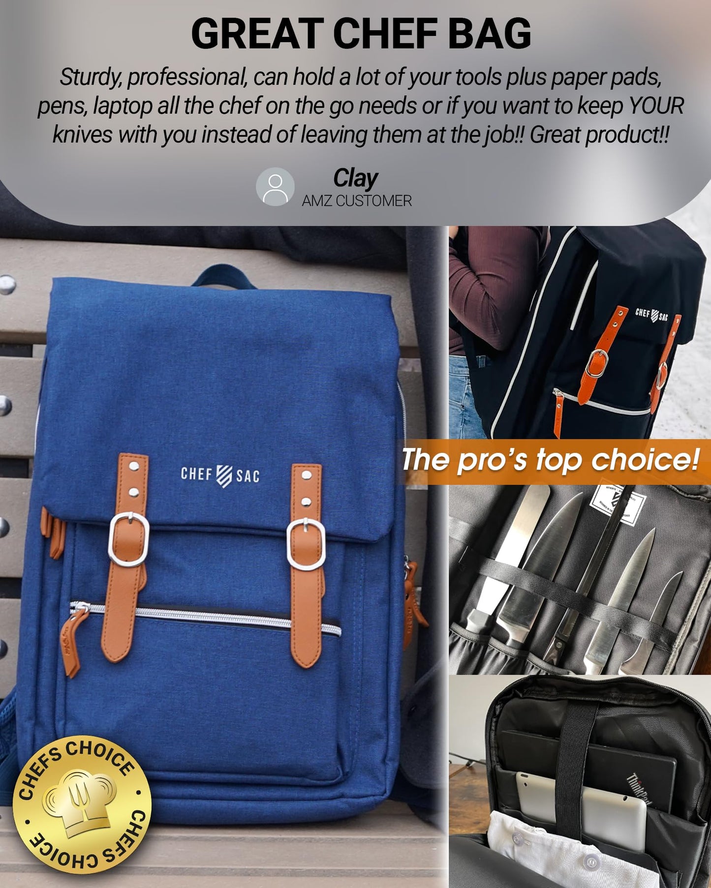 Chef Knife Bag Vintage Backpack VINTAGE, Professional Knife Carrying Case for Chefs & Culinary Students, 30+ Pockets, Holds 10" Knives, Water-Resistant 600D Material (Heather Blue)