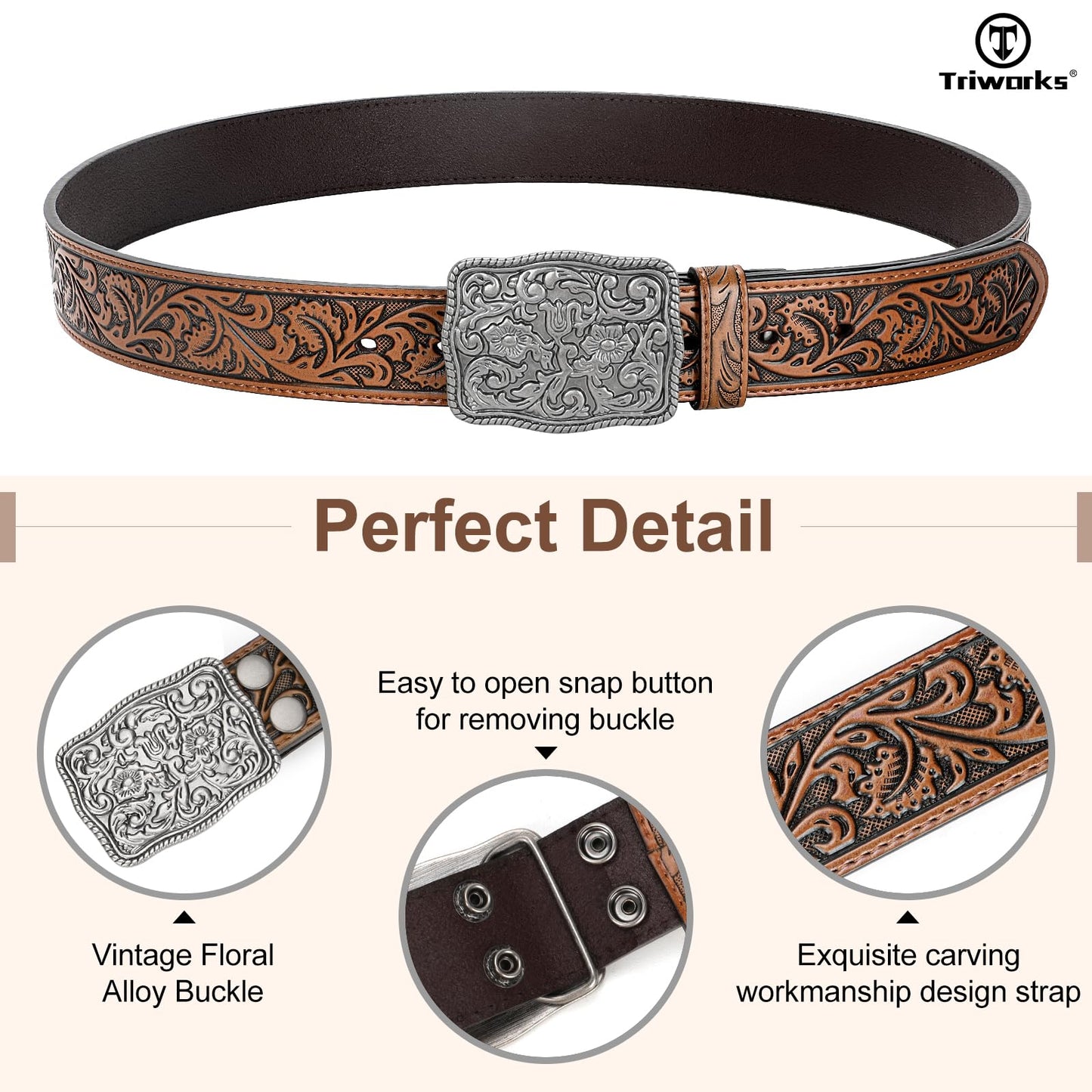 TRIWORKS Western Belts for Women Men Cowgirl Cowboy Embossed Engraved Tooled Leather Belt with Buckle for Jeans Pants Rodeo,E-Brown,Fit Waist Size 30"-34"
