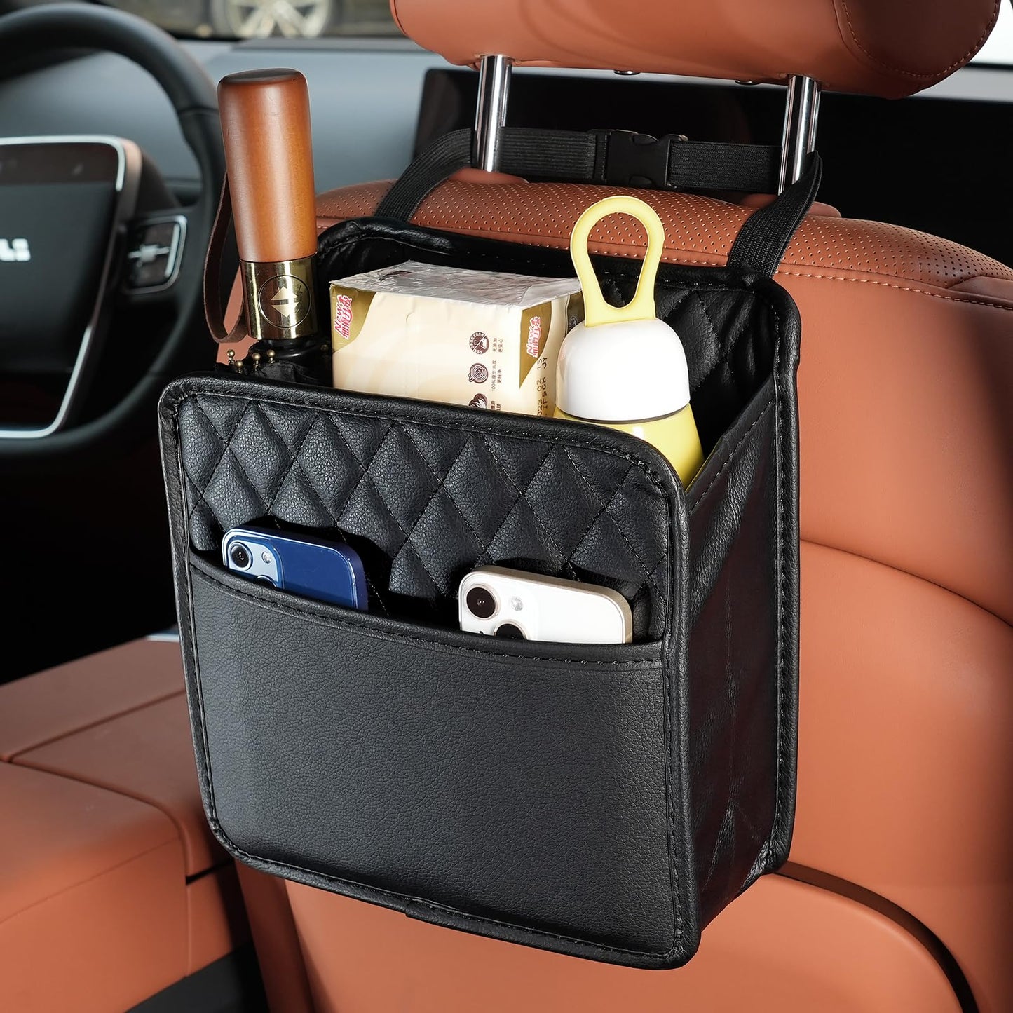 FrgKbTm 2Pack Car Seat Back Hanging Bag Car Document Holder Multi-Pocket Bottle Bag Storage Waterproof Pu Leather Box Organizer Travel Tidy Pouch Pocket Kids