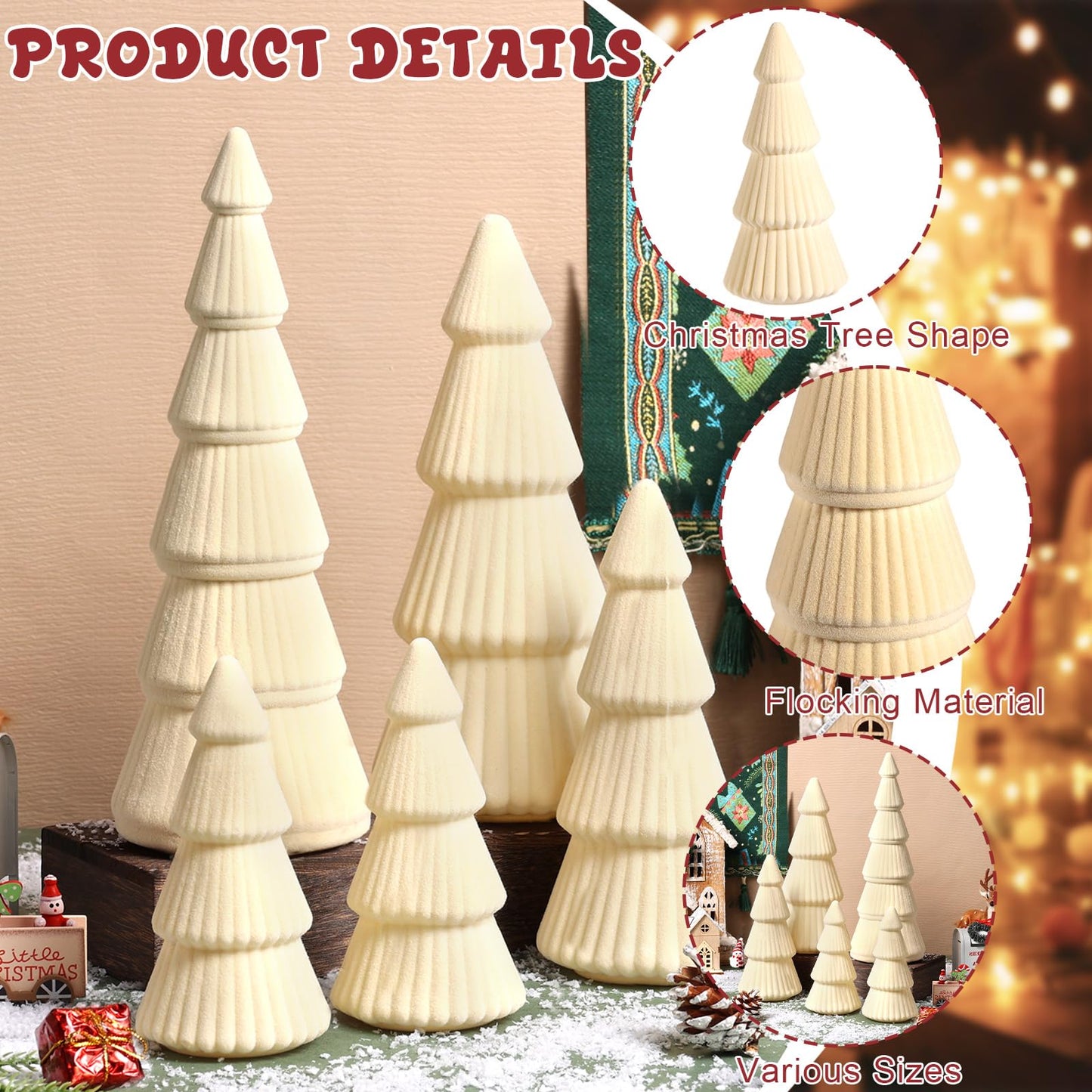 5 Pieces Christmas Velvet Trees Set Modern Christmas Decor 4 Szies Christmas Velvet Cone Trees Table Decoration Winter Decoration for Entryway Mantle Farmhouse(Creamy White)