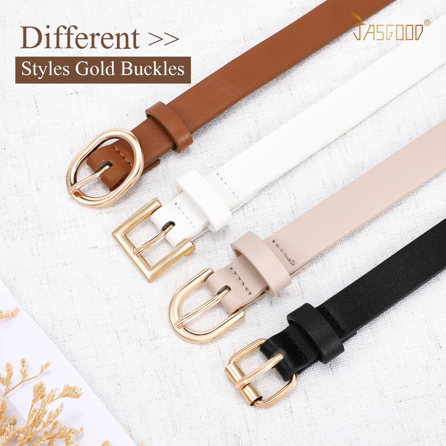JASGOOD 4 Pack Women Skinny Leather Belt for Dresses with Gold Buckle Ladies Thin Waist Belt for Jeans Pants，Beige+White+Black+Blue