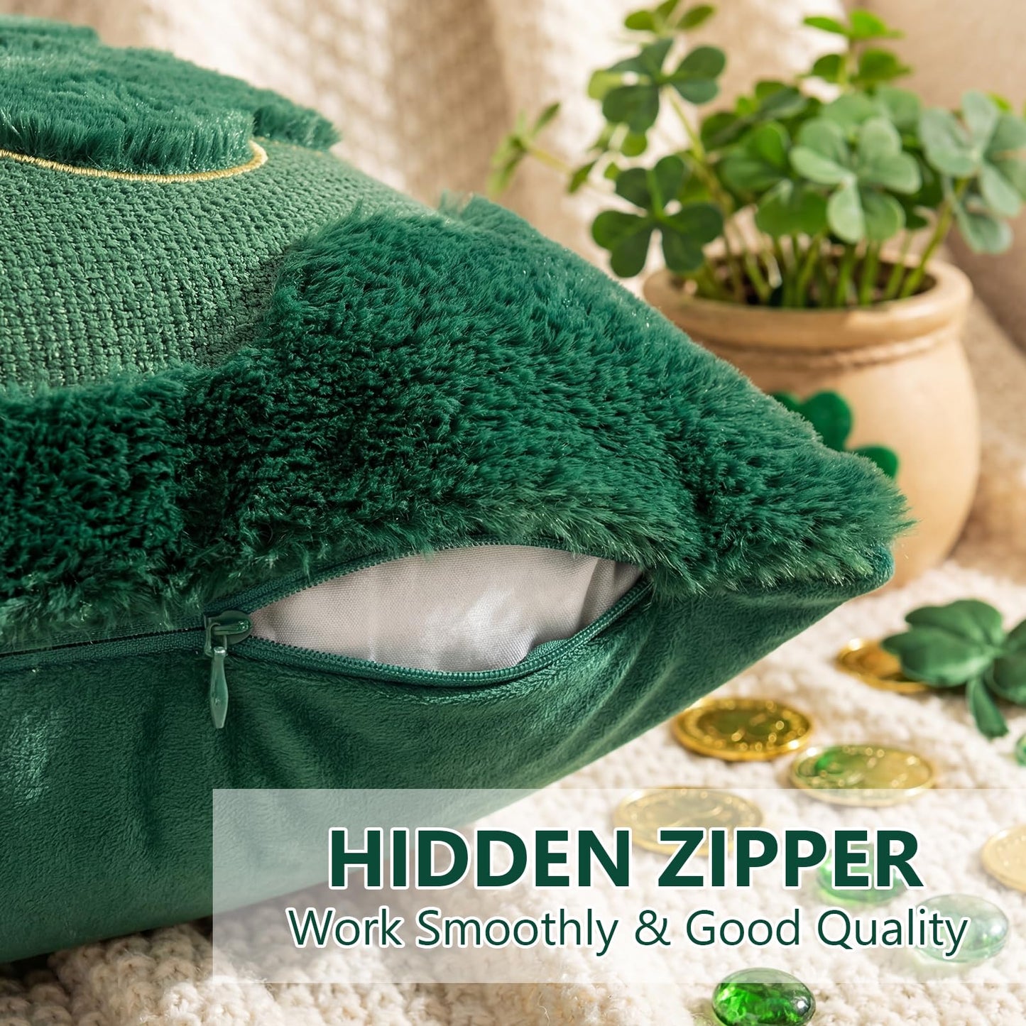 Emvency St Patricks Day Throw Pillow Covers 18x18 Set of 2, Green Shamrock Golden Decorative Pillow Cases Soft Plush Faux Fur Wool Couch Cushion Case for Couch Bed Sofa Living Room Home Decor