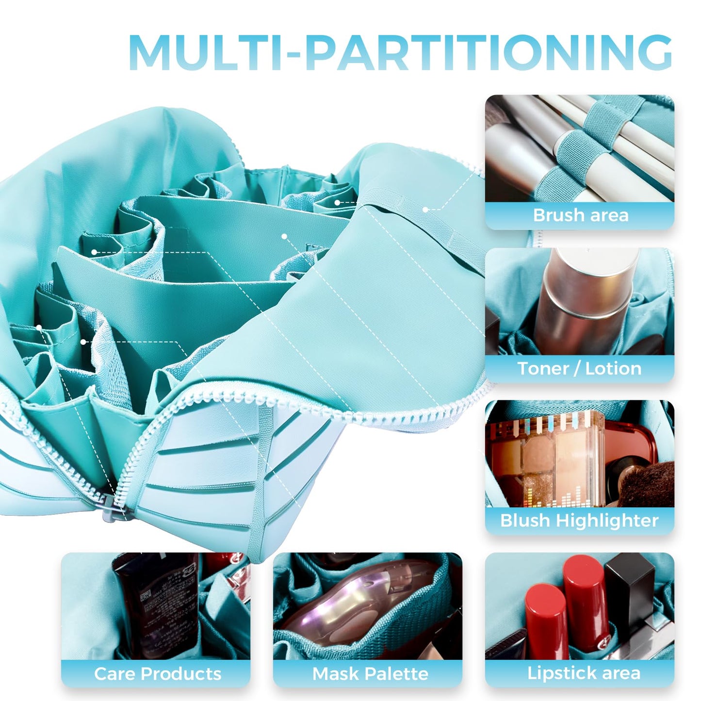 Travel Makeup Organizer Bag with Fold-Down Design and Adjustable Dividers, 27 Pockets & 3 Brush Storage Holders, Large Capacity Cosmetic Bags Toiletry Case - Light blue