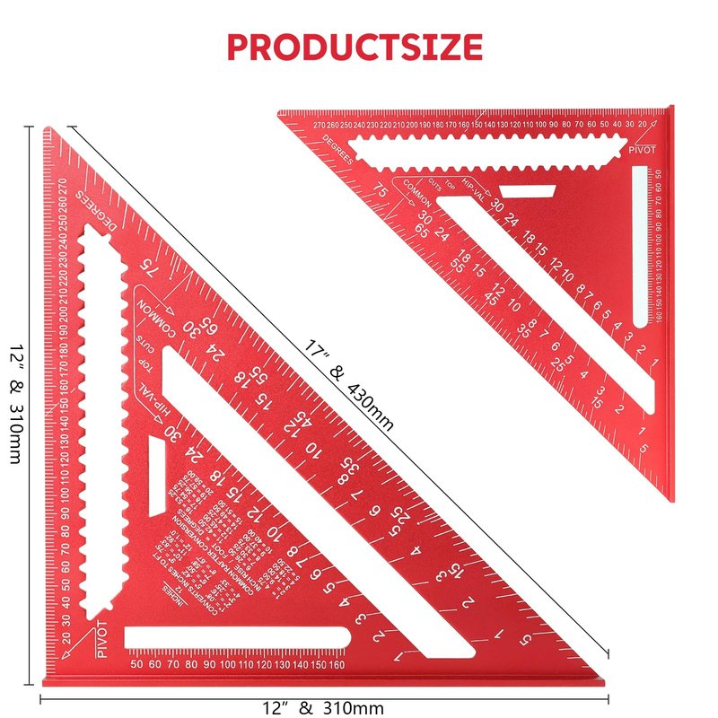 Wakuka Carpenter Square,12 Inch Aluminum Alloy Rafter Square, Metric Scale Angle Drawing Carpenter Measuring Layout Tool, 0-90° Protractor Cast Triangle Ruler Protractor for Woodworking Carpentry