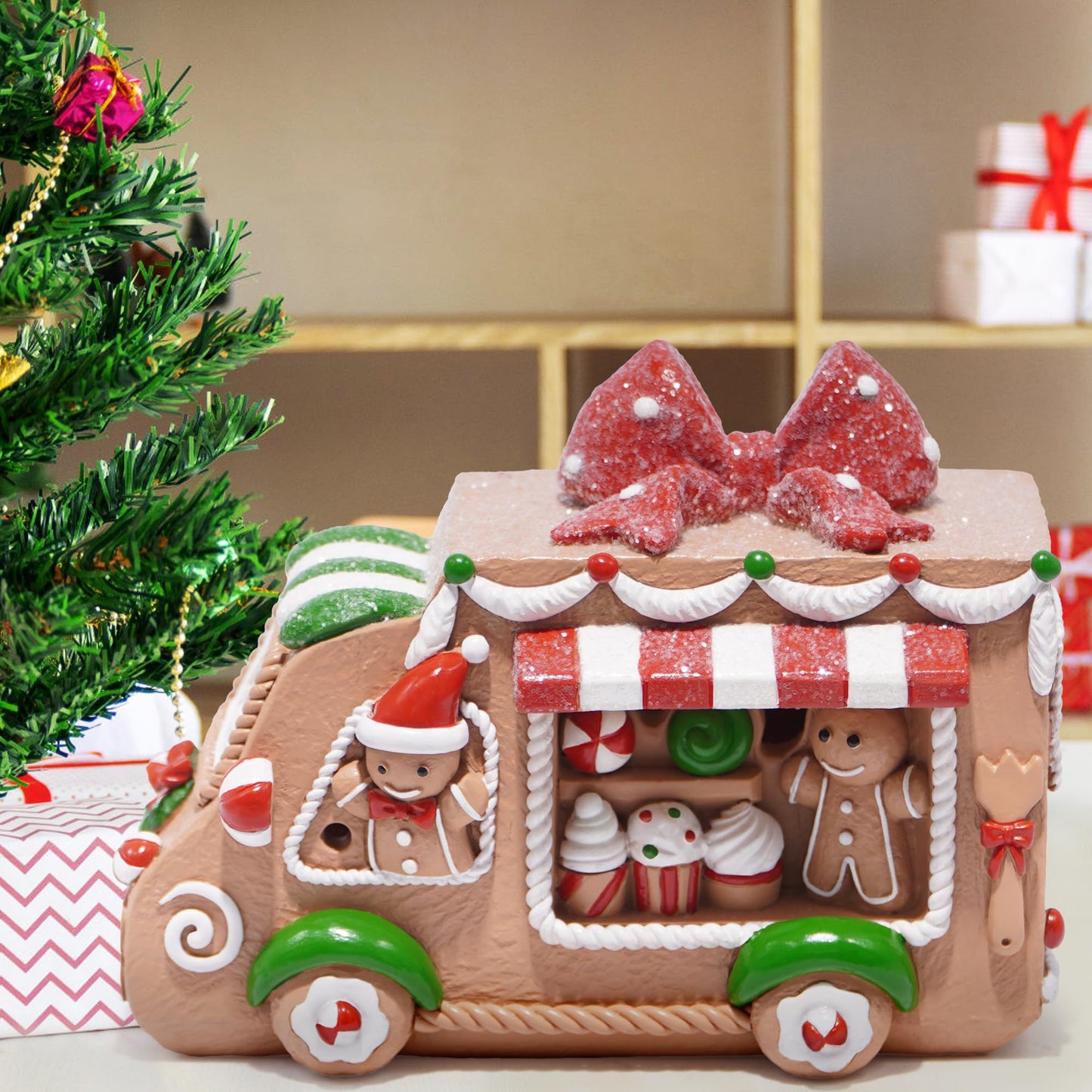 Hodao Gingerbread Sweets Truck Figurine – Resin Christmas Decorations for Home, Indoor Tabletop Decor, Candy & Cupcake Details, Cute Holiday Ornaments, Mini Collectible Gift for Families