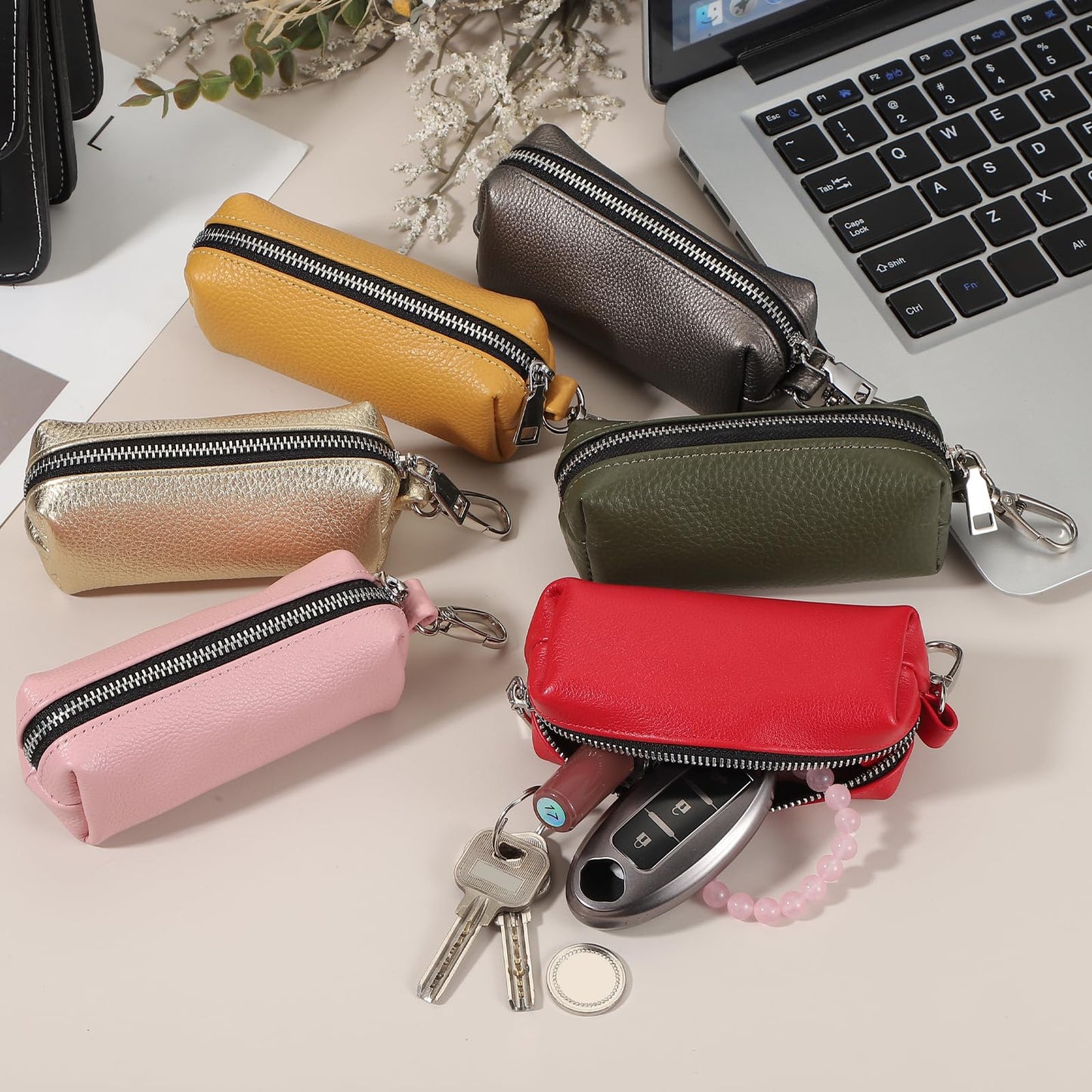 uxcell Leather Coin Purse, Leather Car Key Holder Bag Hand-held Change Purse Keychain Pouch Small Coin Pouch with Key Ring for Women and Men, Red