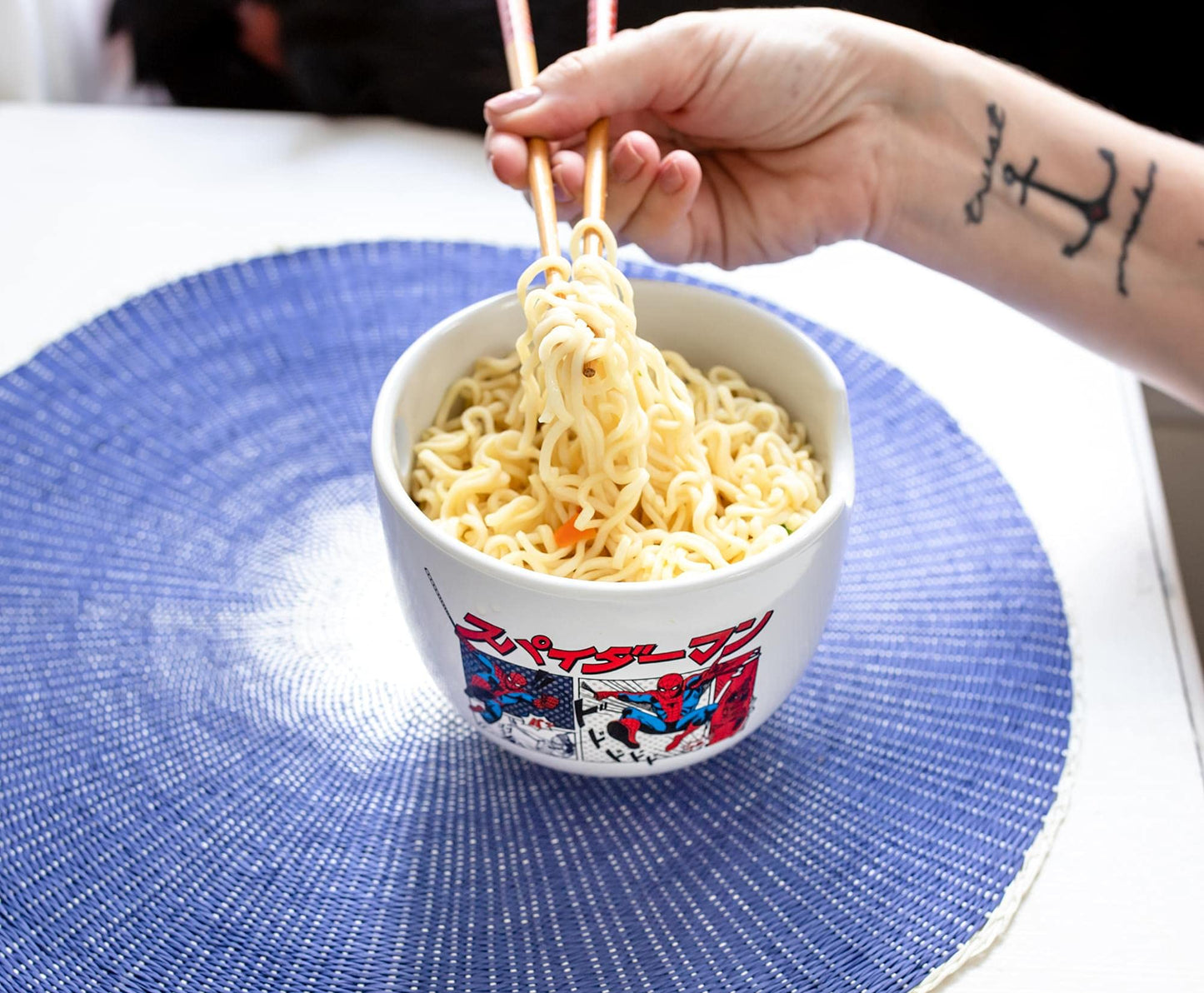 Silver Buffalo Marvel Spider-Man Japanese Manga Comic Panels Ceramic Ramen Noodle Rice Bowl with Chopsticks, Microwave Safe, 20 Ounces