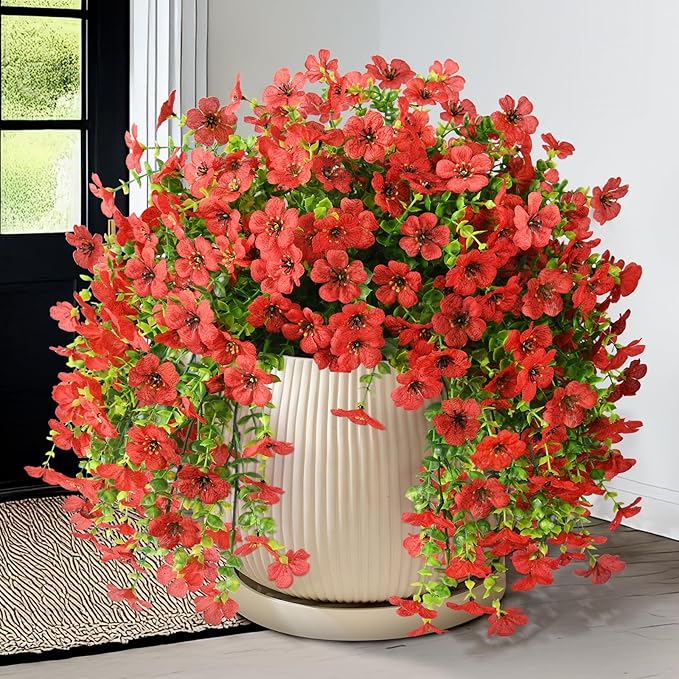 Artificial Fake Hanging Flowers Plants for Outdoor Spring Decorations, 2PCS Faux Daisy Silk Flower Outside No Fade UV Resistant Realistic Home Decor for Porch Patio Window Box (ChujuDH-Red
