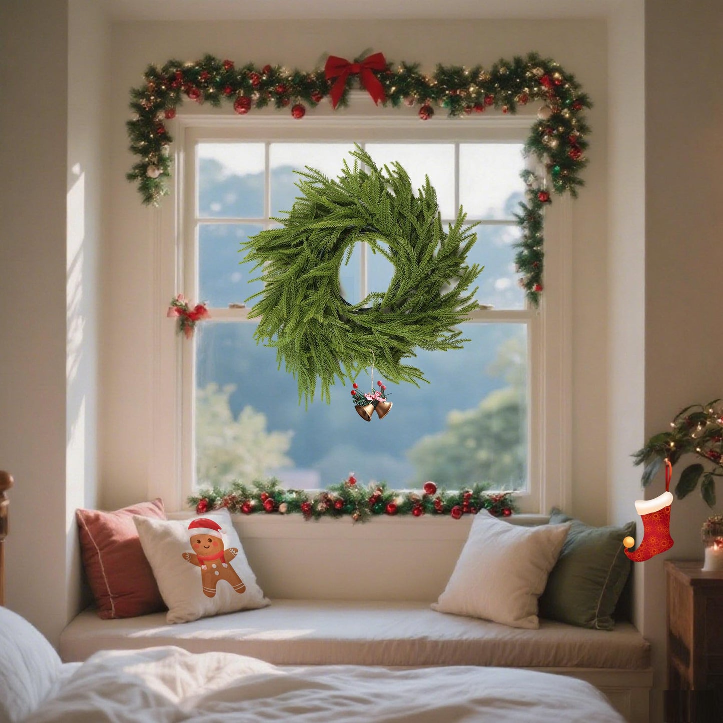 SUNWISHA Artificial Norfolk Pine Garland with Bells - 6FT Real Touch Christmas Greenery, Velvety-Soft Needles for Mantle, Tree & Indoor/Outdoor Holiday Decor
