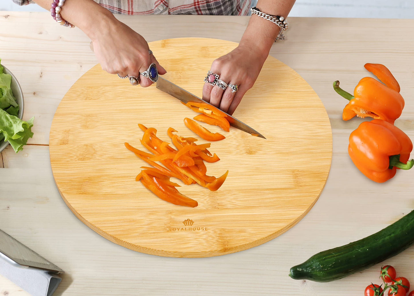 RoyalHouse Natural Bamboo Round Cutting Board for Kitchen, Chopping Boards for Meat & Vegetables, Cheese and Charcuterie Board, Serving Tray, 11.8" Round 0.6" Thick Pack of 1