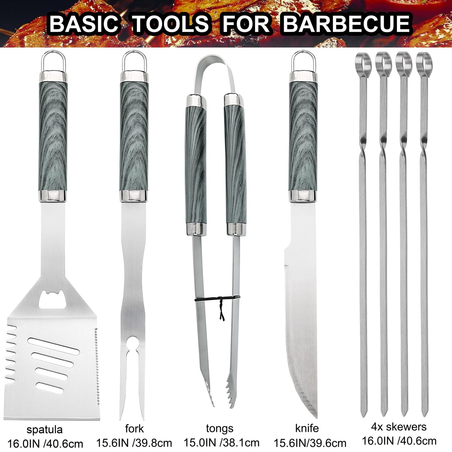 grilljoy 24PCS BBQ Grill Tools Set with Meat Thermometer and Injector - Extra Thick Stainless Steel Fork, Spatula& Tongs - Complete BBQ Accessories in - Perfect Grill Gifts for Father's Day