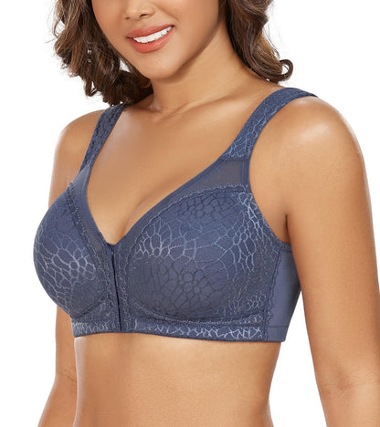 DotVol Women's Full Figure Front Closure Wirefree Jacquard Back Support Posture Bra(Grey Blue,36D)