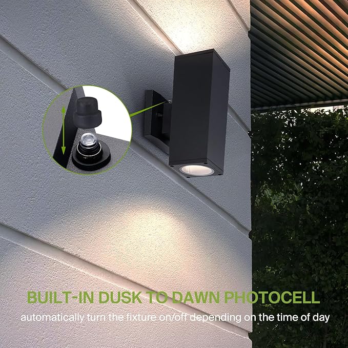 ASD 2 Light Square Dusk to Dawn Outdoor Wall Light Fixture | 120W E26 Socket 120V ETL Cylinder Up Down Lights | LED/CFL/Incandescent Bulb Exterior Wall Sconce | Front Door, Porch Patio | Black