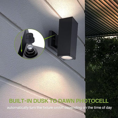 ASD 2 Light Square Dusk to Dawn Outdoor Wall Light Fixture | 120W E26 Socket 120V ETL Cylinder Up Down Lights | LED/CFL/Incandescent Bulb Exterior Wall Sconce | Front Door, Porch Patio | Black