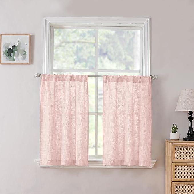 Tollpiz Linen Tier Curtains Rod Pocket Semi Sheer Short Kitchen Curtain Half Burlap Light Filtering Thick Linen Drape for Bathroom, 30 x 30 inches Long, Pink, Set of 2 Panels