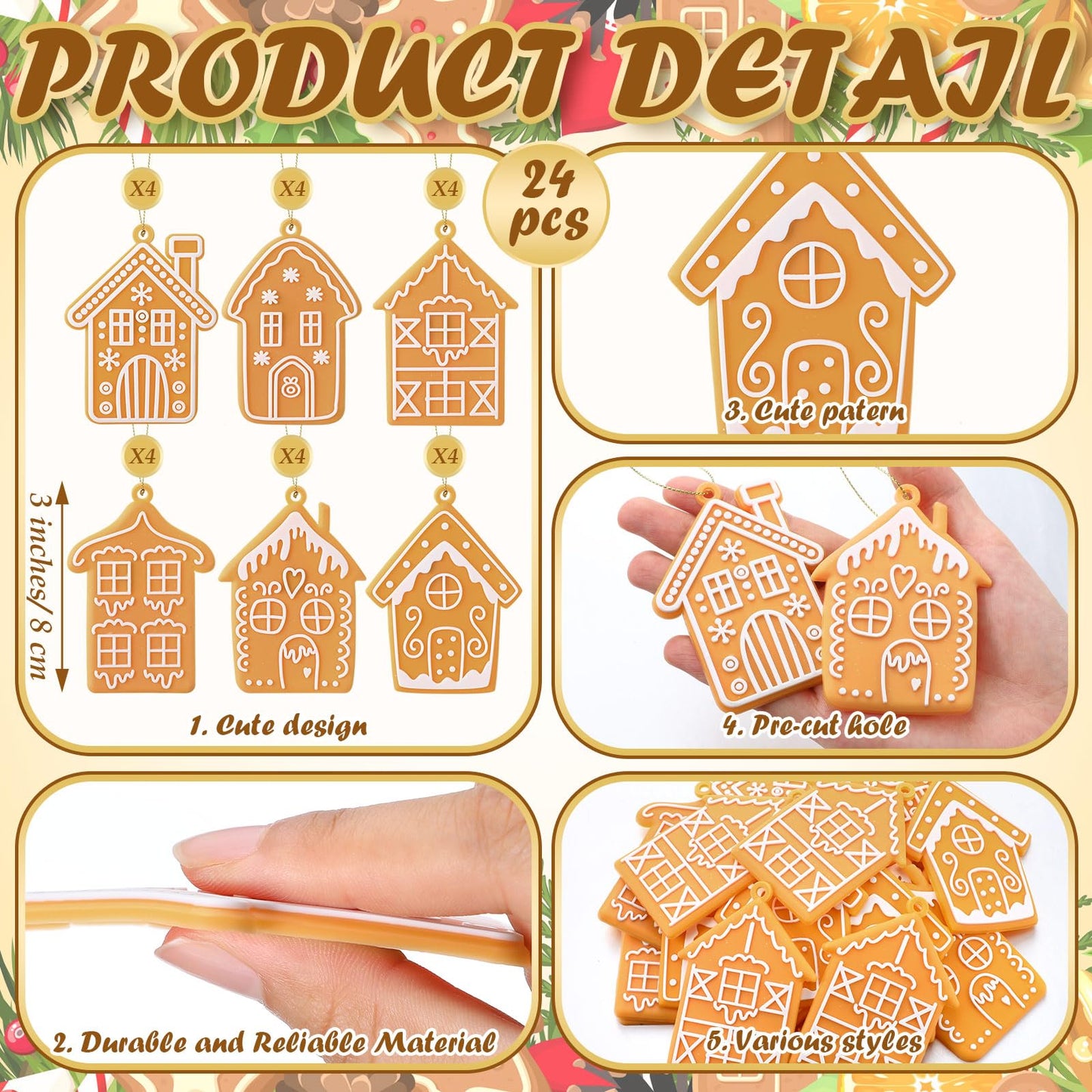Shellwei 24 Pcs Gingerbread House Ornaments Christmas Tree Ornaments Bulk Gingerbread Christmas Tree Decorations Rustic Hanging Decor for Xmas Indoor Home