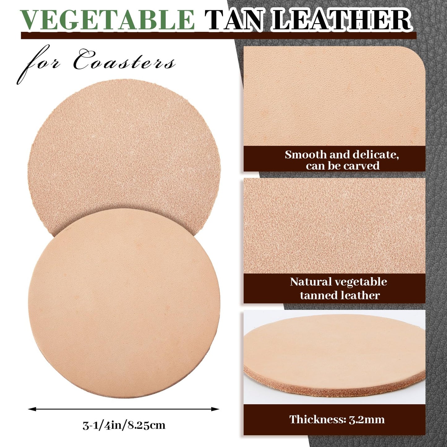 Bulyoou 50 Pack Round Vegetable Tan Leather 3-1/4" Tooling Veg Circular Leather Pieces Sheet for Laser Engraving Coasters Tooling Stamping Carving, Thickness 3.2 mm