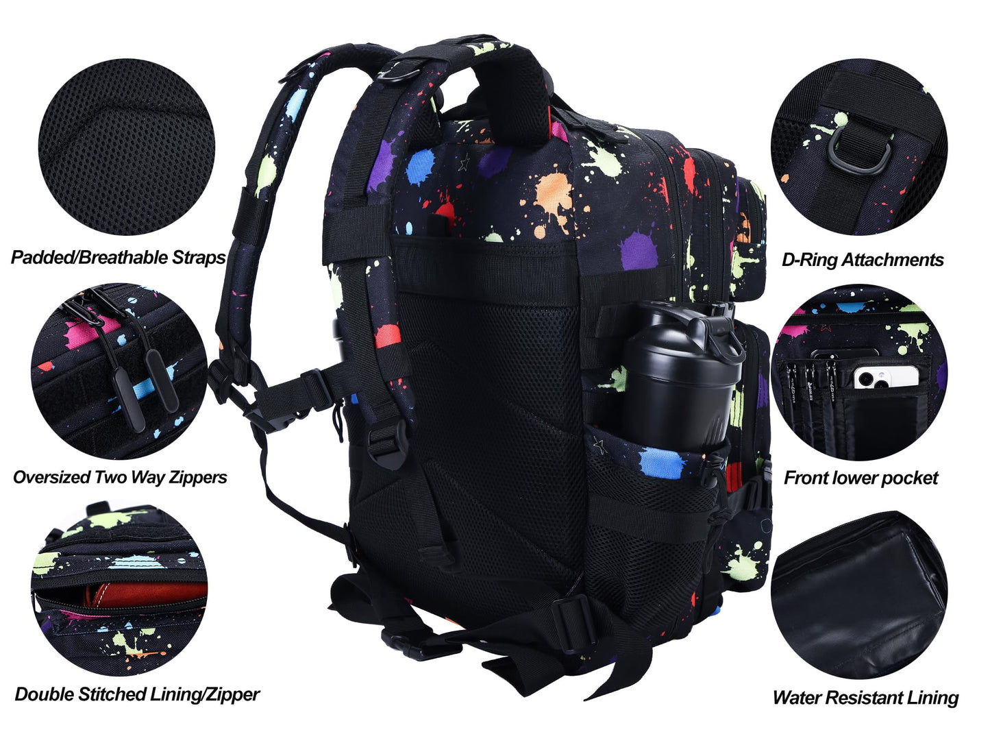LHI Military Tactical Backpack for Men and Women 45L Army 3 Days Assault Pack Bag Large Rucksack with Molle System - Fluorescent Tie Dye