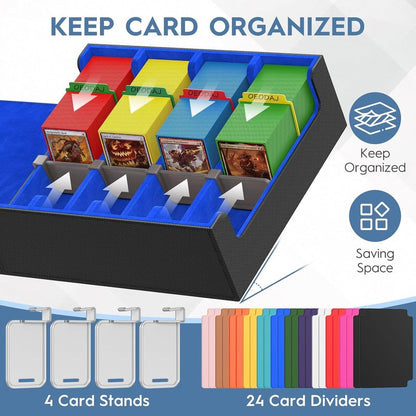 Trading Card Storage Box - 3200+ MTG Card Organizer with 24 Colorful Dividers & 4 Stands | Fits Yu-Gi-Oh & Game Cards (Black & Blue)