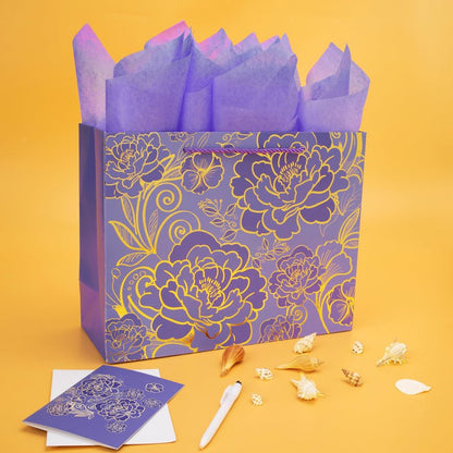 Qirrmiy 13" Large Rose Purple Gift Bag Set with Greeting Card and Tissue Paper for Women or Girls for Celebrating Birthdays, Mother's Day, Valentine's Day, Weddings, Anniversaries