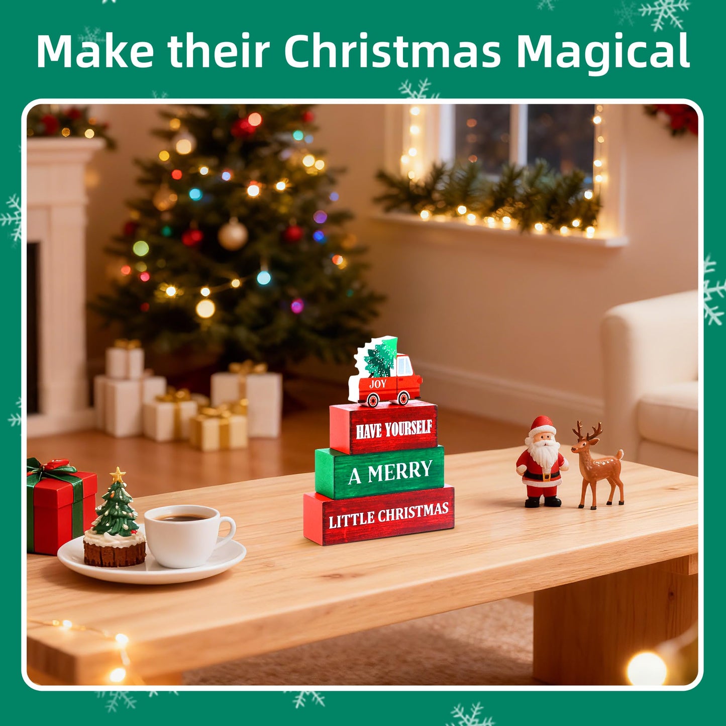 4 Pcs Christmas Wooden Tiered Tray Decor, Merry Christmas Decorations Gifts for Home, Winter Table Centerpiece for Xmas Party Kitchen Office