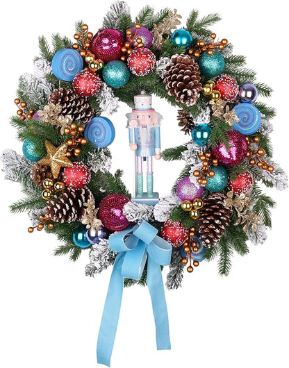 Pre-lit Christmas Wreath 28 Inch, Christmas Nutcracker Wreath Decoration for Home Front Door Porch Wall Winter Xmas Holiday Decor