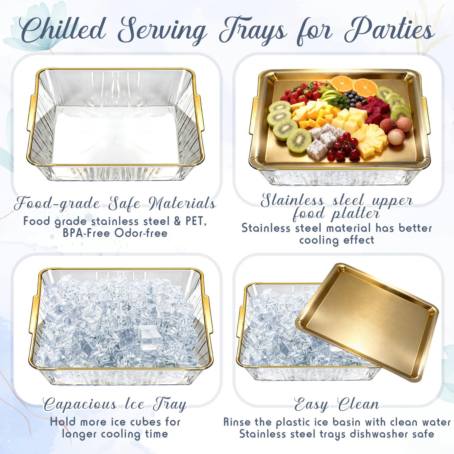 Baderke 2 Set Chilled Serving Tray for Christmas Parties Ice Chilled Party Platter Charcuterie Serving Board Cold Dish Dip with Forks Tongs for Fruit Seafood Vegetable Appetizer (11.81",Gold)