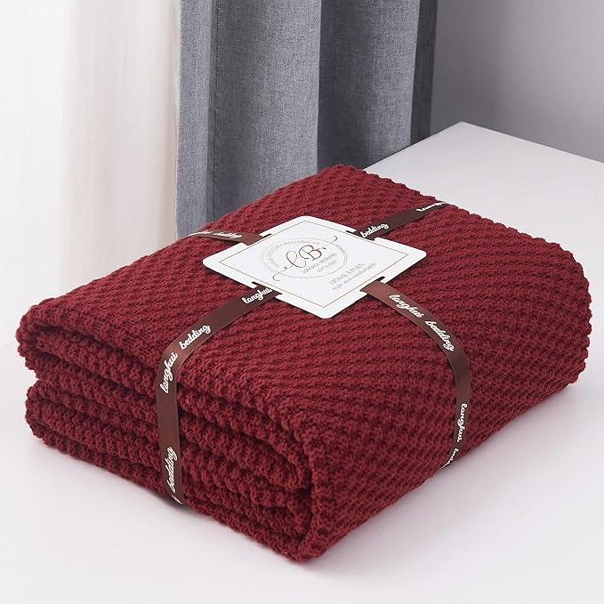 Longhui bedding Wine Red Knitted Throw Blanket for Couch, Cozy Machine Washable 100% Cotton Sofa Knit Blankets, 51 x 63 Inches, Burgundy Color