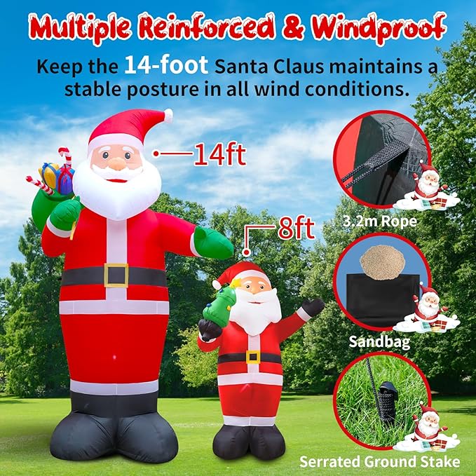 14FT Christmas Inflatable Santa Claus Outdoor Blow Up Yard Decorations,Giant Outside Standing Waterproof Smiling Santa Claus with Gift Bags,Built-in LEDs for Xmas Holiday Party Yard Garden Lawn Decor