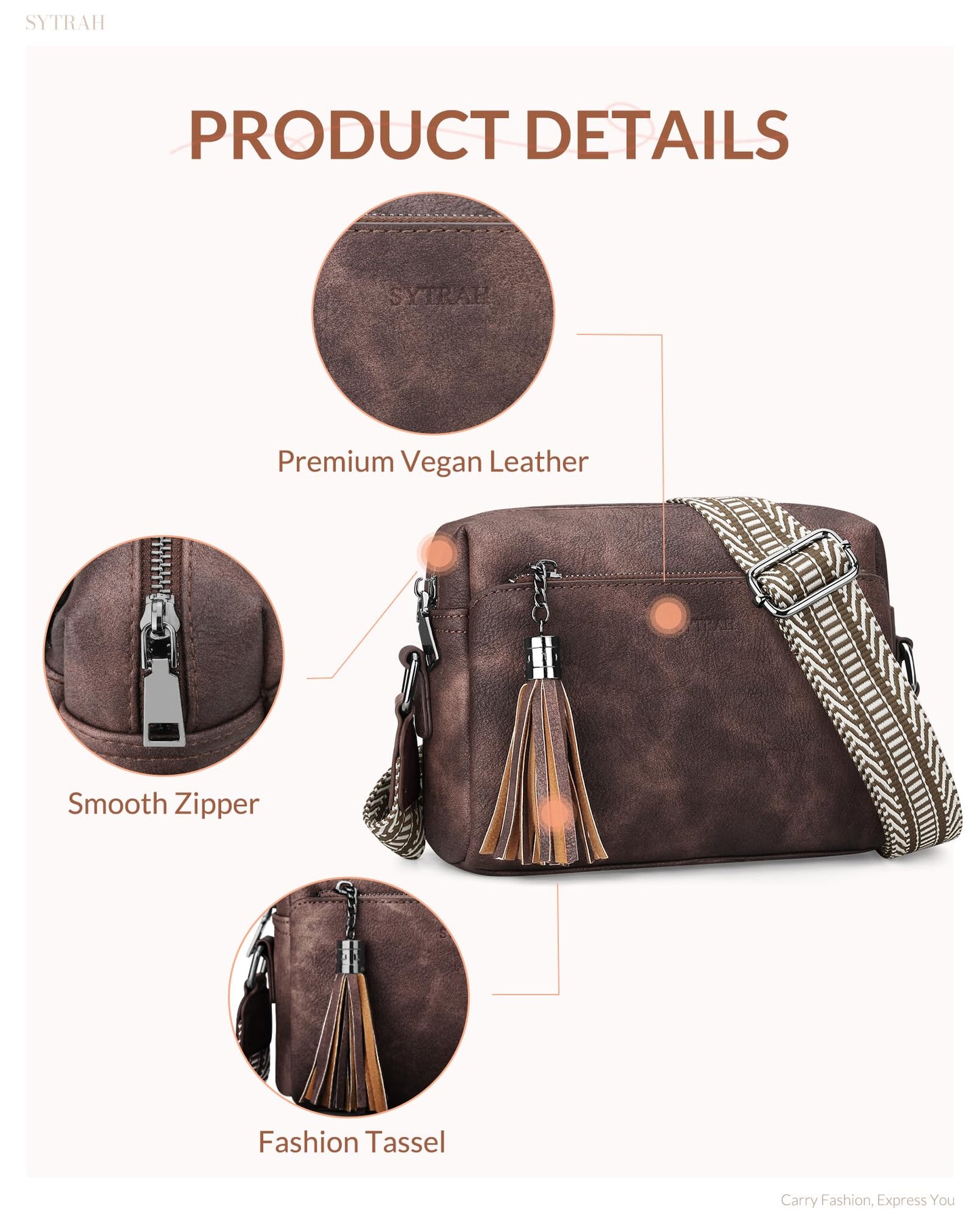 SYTRAH Crossbody Bags for Women, Triple Zip Crossbody Purses for Women Trendy, Cell Phone Purse Shoulder Handbag with Adjustable Strap Mocha Coffee