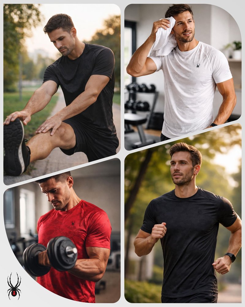 Spyder Mens Active Shirt - Crewneck Dry Fit Mens Workout Shirts Short Sleeve Camo Fitted Athletic Gym Shirts for Men, Size Medium, Spyder Red