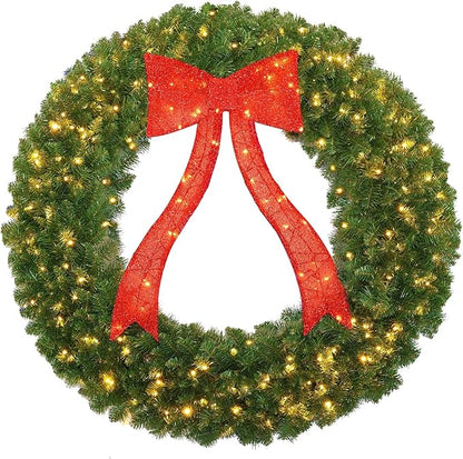 48in Christmas Wreath, 250 LED Lights (Warm White & Color, 10 Lighting Modes), Glowing Red Bow, 714 PVC Branch Tips, Power Plug-in, with Hooks, Holiday Decoration, Outdoor Door Decoration