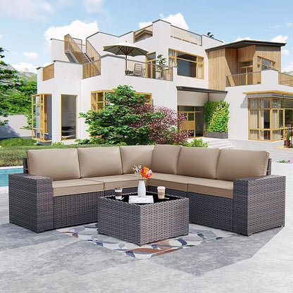 Kurapika 6 Pieces Patio Furniture Set, Rattan Wicker Outdoor Conversation Sets w/4 Inch Cushion and Glass Coffee Table(Sand)