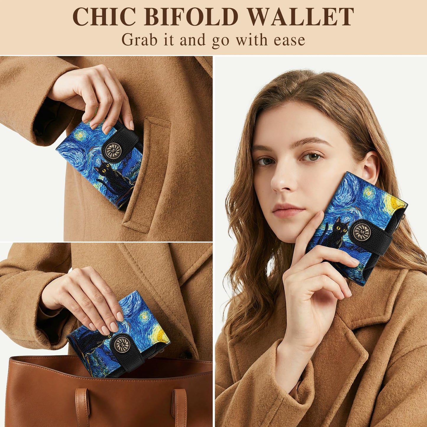 Mayski Starry Night Cat Small RFID Wallet Women, PU Leather Bifold Zipper Coin Pocket Compact Cash Credit Card Holder Purse, Cute Travel Wallet for Female Ladies Teen Girls, 4 ID Window 14 Card Slots